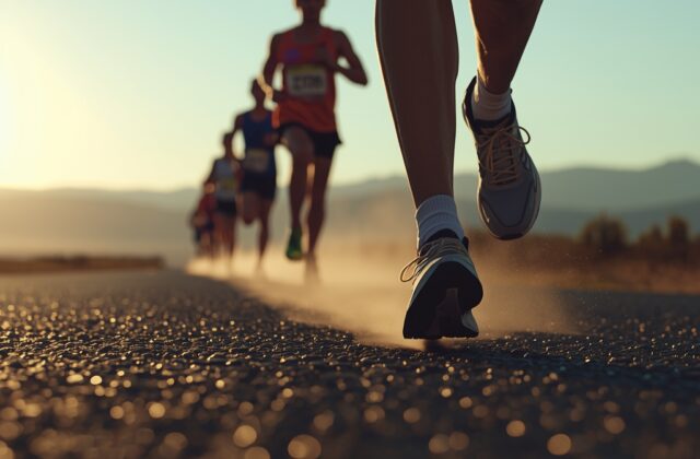 Best long distance running shoes worn by marathon runners on a road race during sunrise