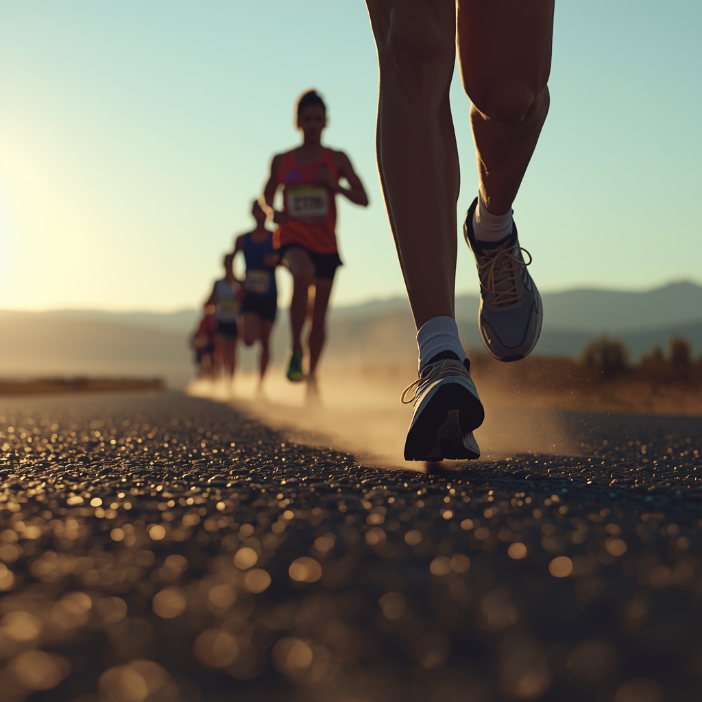 Best long distance running shoes worn by marathon runners on a road race during sunrise