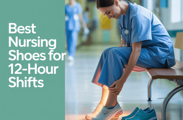 Nurse sitting on hospital bench removing shoes after long shift highlighting best nursing shoes for comfort and support