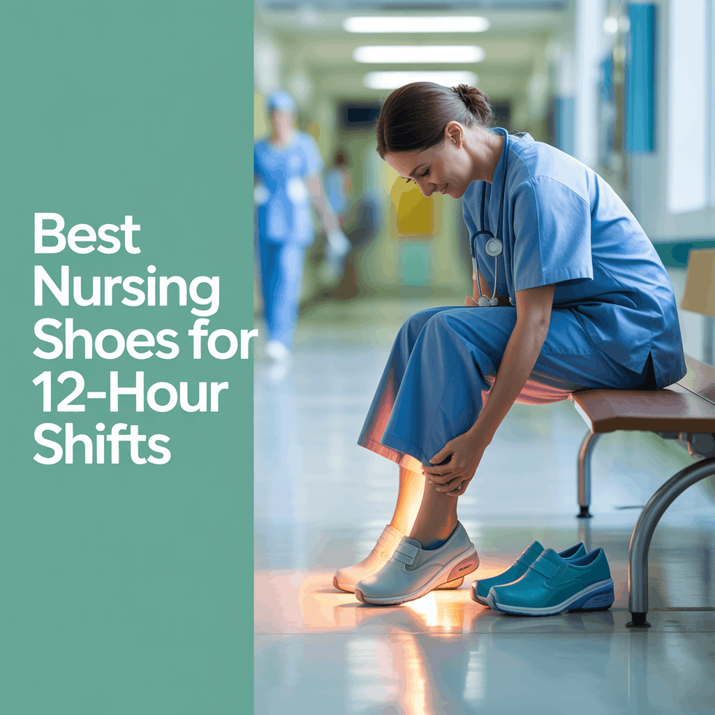 Nurse sitting on hospital bench removing shoes after long shift highlighting best nursing shoes for comfort and support