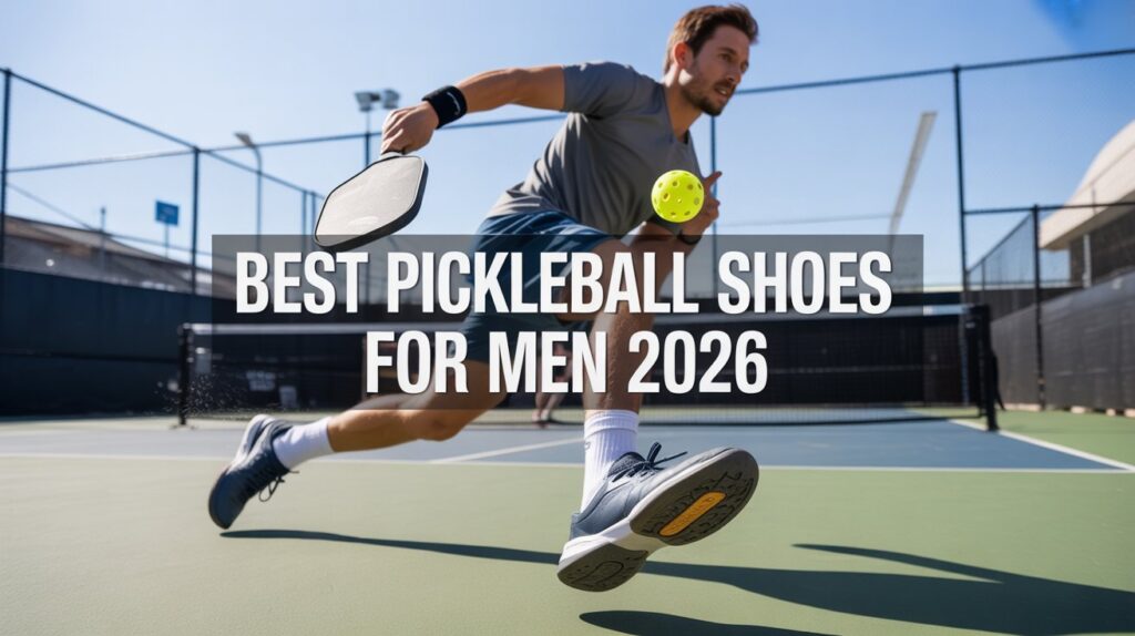 Male pickleball player making a fast lateral move on an outdoor court wearing the best pickleball shoes for men in 2026