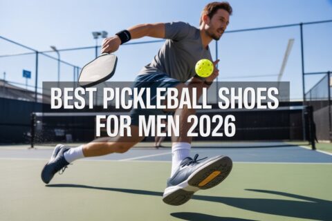 Male pickleball player making a fast lateral move on an outdoor court wearing the best pickleball shoes for men in 2026