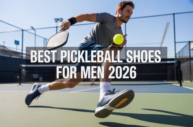Male pickleball player making a fast lateral move on an outdoor court wearing the best pickleball shoes for men in 2026