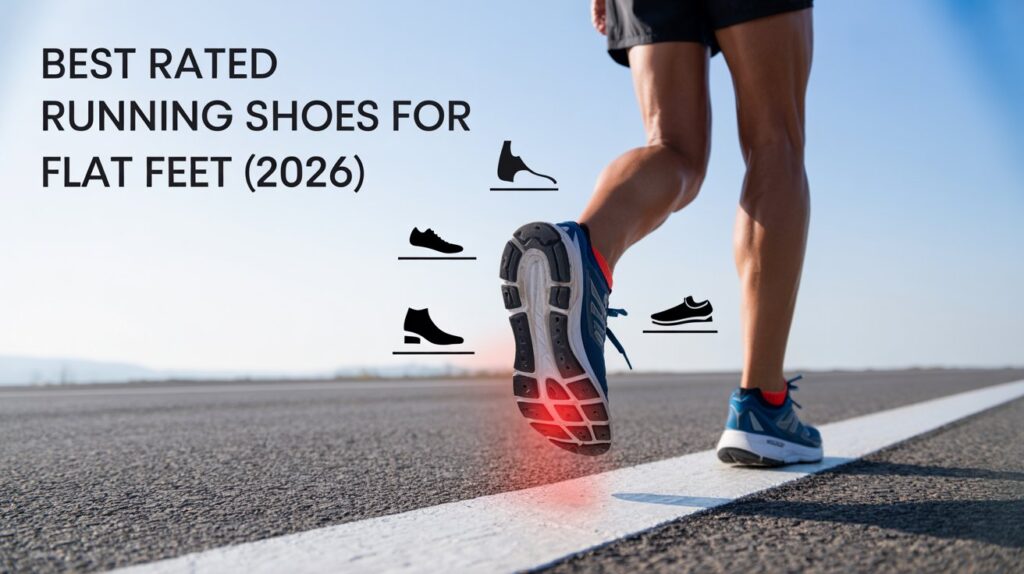 Runner wearing supportive shoes on road highlighting comfort and stability – best rated running shoes for flat feet 2026