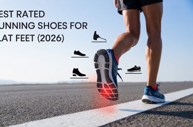 Runner wearing supportive shoes on road highlighting comfort and stability – best rated running shoes for flat feet 2026