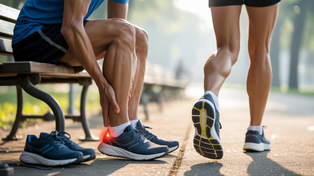 Runner experiencing heel pain from Achilles tendonitis while sitting on a bench, highlighting the need for the best running shoes for Achilles tendonitis