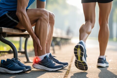 Runner experiencing heel pain from Achilles tendonitis while sitting on a bench, highlighting the need for the best running shoes for Achilles tendonitis