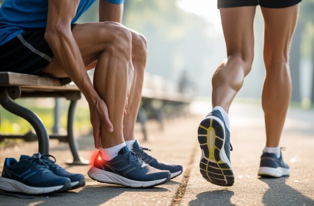 Runner experiencing heel pain from Achilles tendonitis while sitting on a bench, highlighting the need for the best running shoes for Achilles tendonitis
