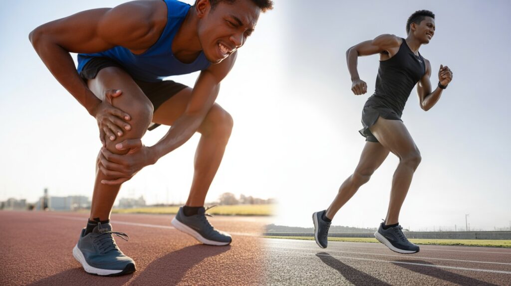 Split image showing runner with calf pain vs pain-free running using the best running shoes for calf pain, highlighting comfort and injury prevention