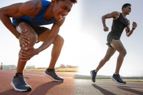 Split image showing runner with calf pain vs pain-free running using the best running shoes for calf pain, highlighting comfort and injury prevention
