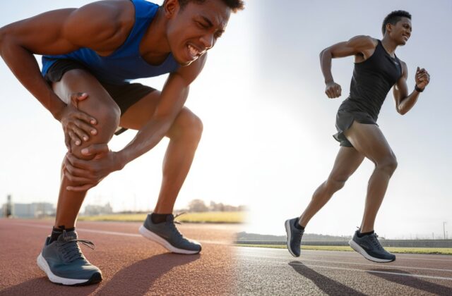 Split image showing runner with calf pain vs pain-free running using the best running shoes for calf pain, highlighting comfort and injury prevention