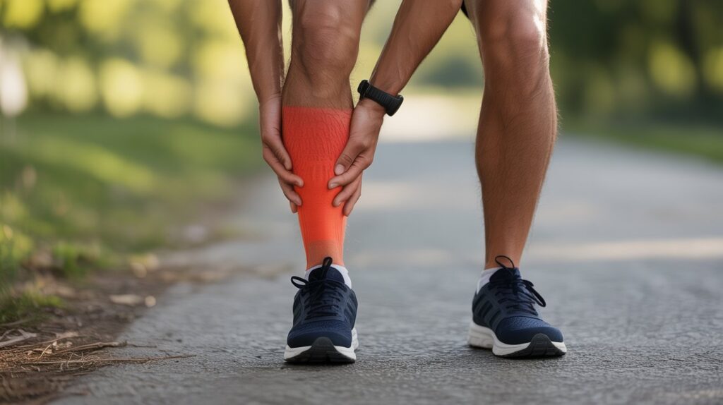 Runner experiencing calf pain during workout, highlighting need for best running shoes for calf pain