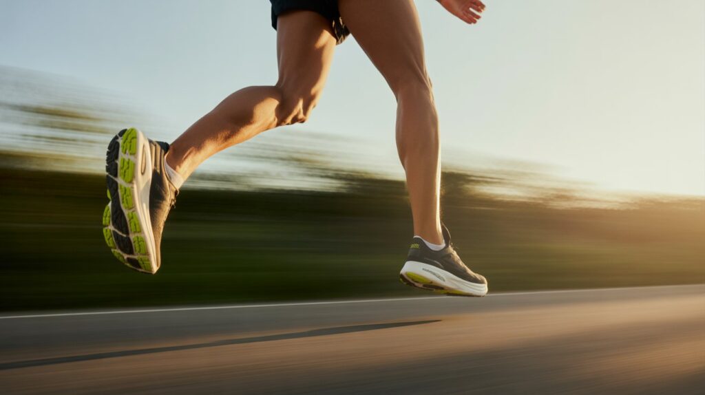 Runner in motion wearing the best running shoes for calf pain, highlighting cushioned soles and smooth stride for reduced muscle strain