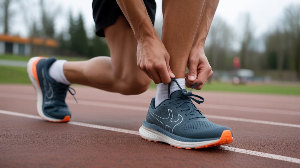 Runner tying the best running shoes for calf pain on a track, showing cushioned sole and proper fit for comfort and support