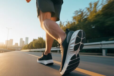 Best running shoes for heavy men with thick cushioning shown on a runner jogging on a road at sunrise