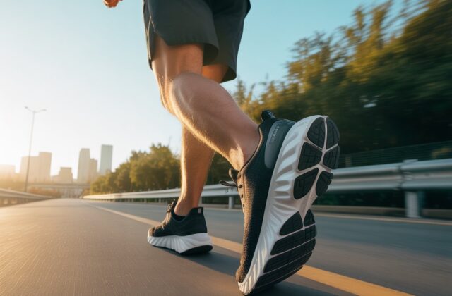 Best running shoes for heavy men with thick cushioning shown on a runner jogging on a road at sunrise