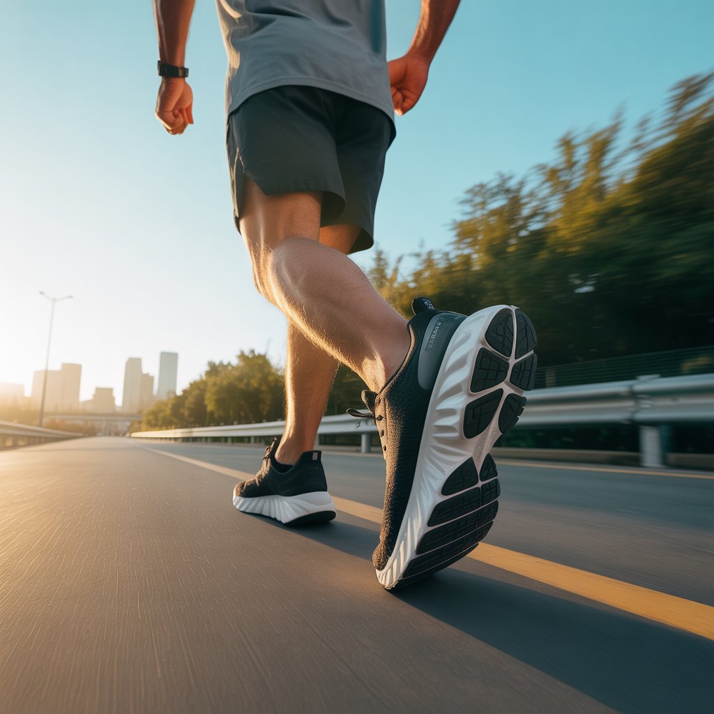 Best running shoes for heavy men with thick cushioning shown on a runner jogging on a road at sunrise