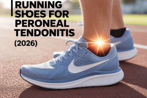 Best running shoes for peroneal tendonitis showing cushioned supportive running shoe with highlighted outer ankle pain relief area on track