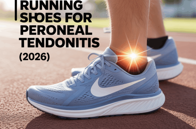 Best running shoes for peroneal tendonitis showing cushioned supportive running shoe with highlighted outer ankle pain relief area on track