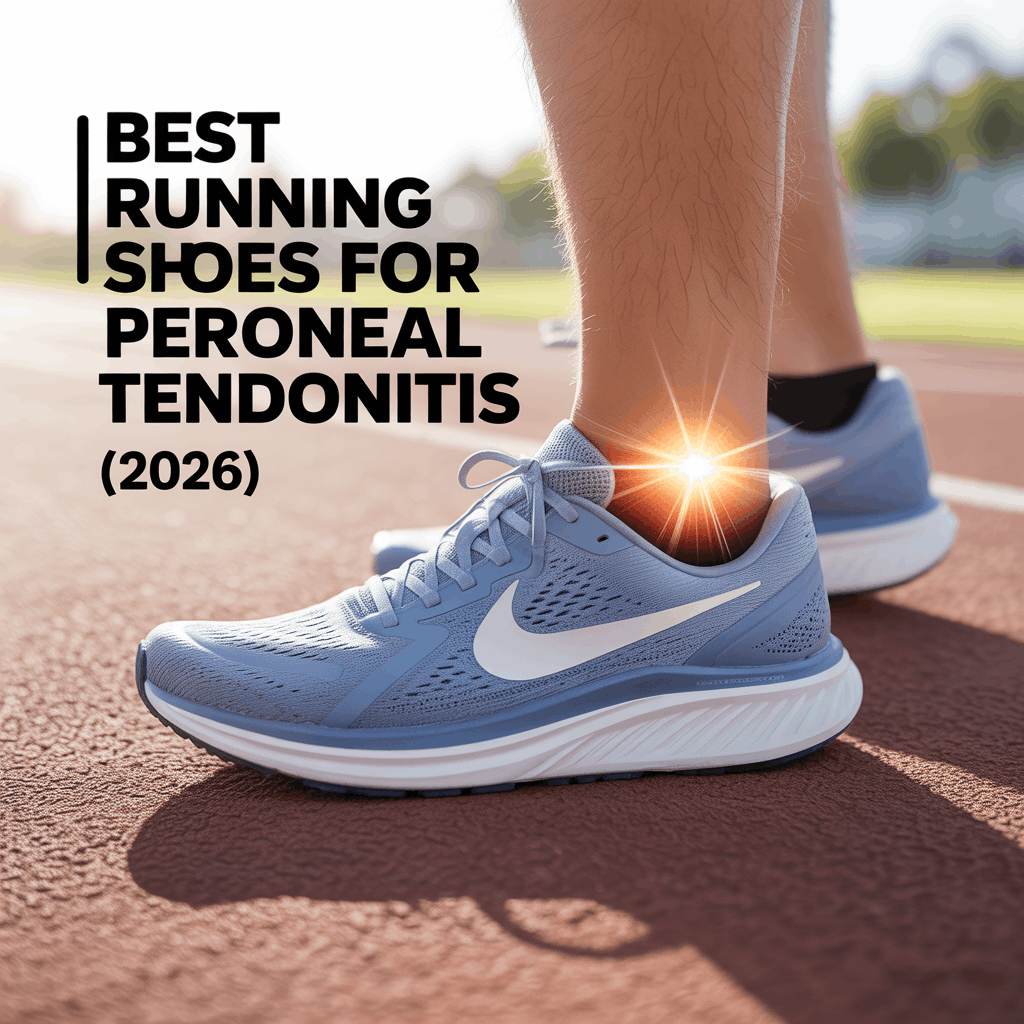 Best running shoes for peroneal tendonitis showing cushioned supportive running shoe with highlighted outer ankle pain relief area on track