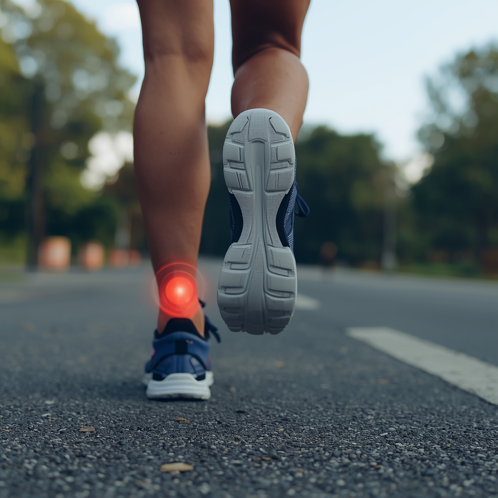 Runner wearing best running shoes for peroneal tendonitis showing ankle support and reduced outer ankle pain while jogging on road