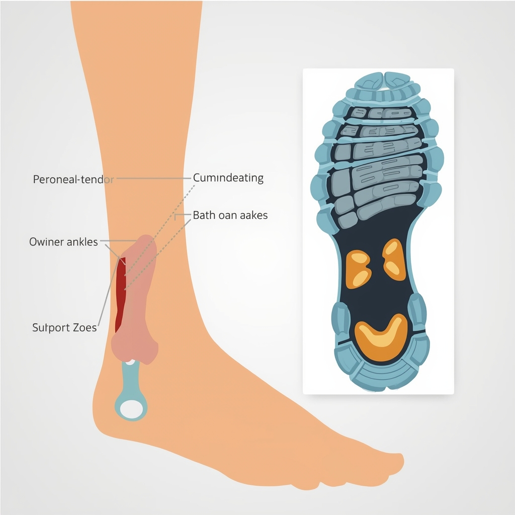 Illustration of foot anatomy highlighting peroneal tendon with cushioned running shoe sole designed for peroneal tendonitis support and stability