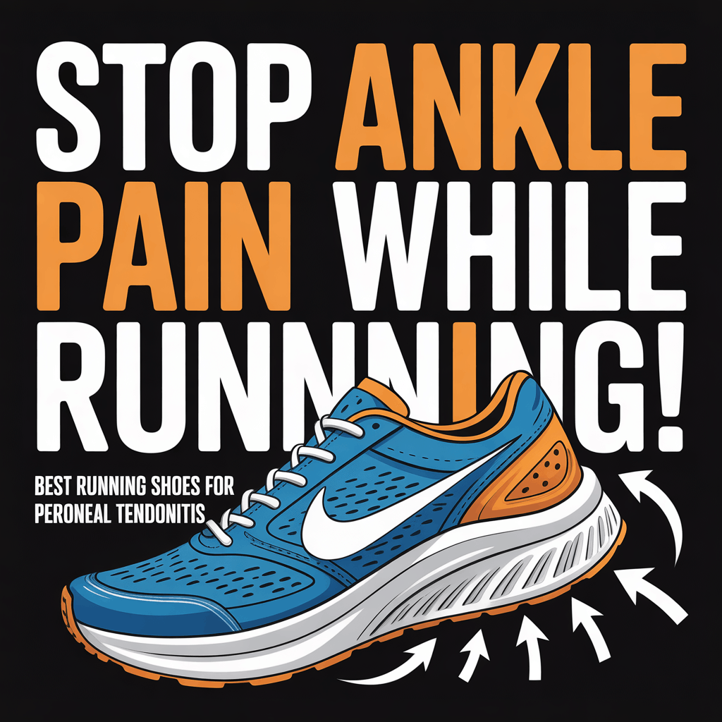 Graphic showing a cushioned running shoe with text โStop ankle pain while runningโ highlighting best running shoes for peroneal tendonitis support and comfort