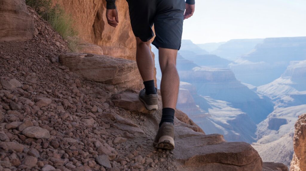 Hiker wearing the best shoes for hiking the Grand Canyon walking down a steep rocky trail with canyon views in the background