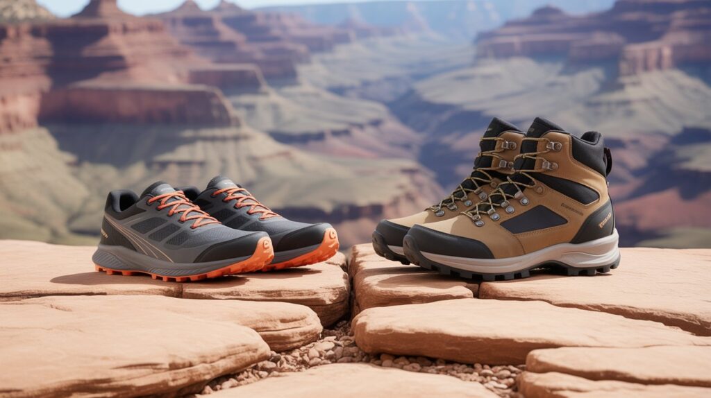 Best shoes for hiking the Grand Canyon featuring trail running shoes and durable hiking boots on rocky canyon terrain for comfort and grip