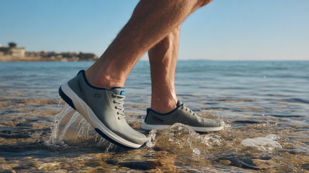 Man wearing best water shoes for men walking on wet beach rocks with quick dry and anti slip design