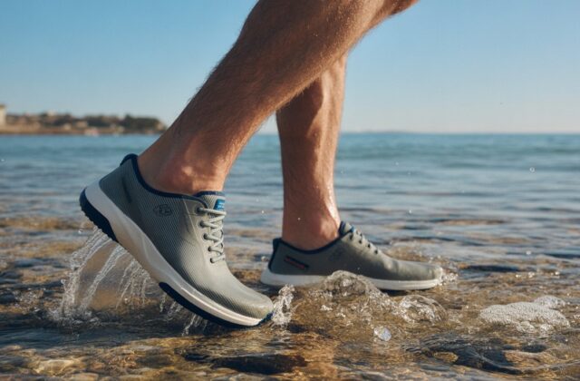 Man wearing best water shoes for men walking on wet beach rocks with quick dry and anti slip design