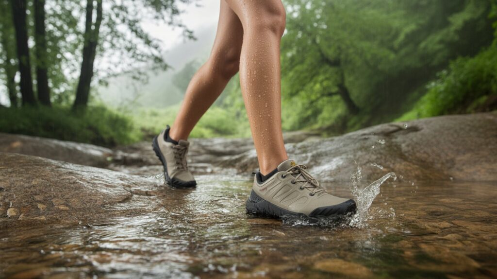 Woman wearing best waterproof hiking shoes for women walking through a shallow stream on a wet forest trail