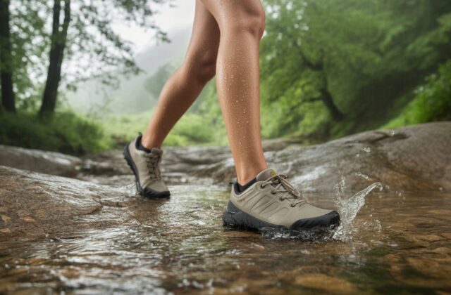 Woman wearing best waterproof hiking shoes for women walking through a shallow stream on a wet forest trail