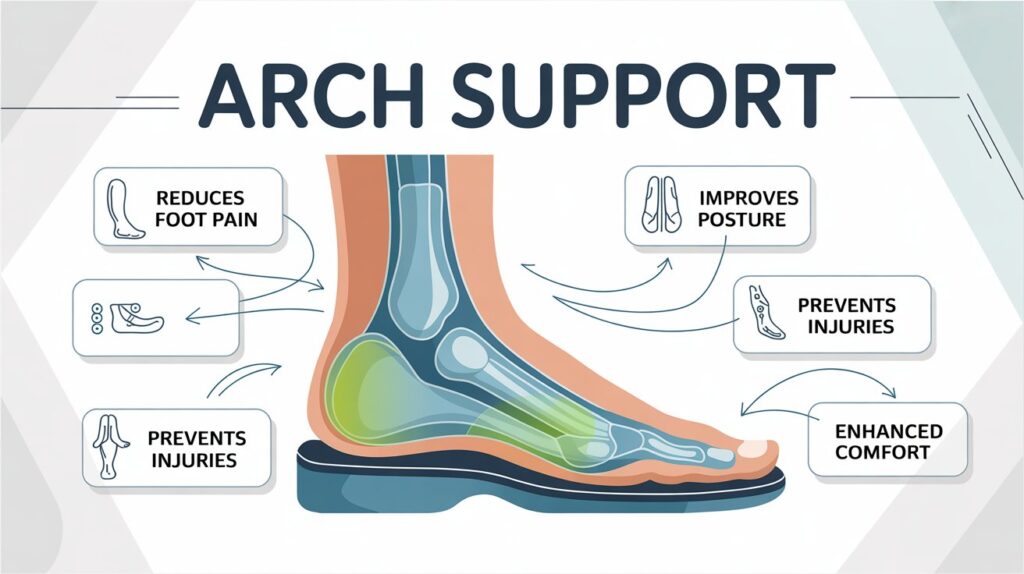 Infographic showing arch support benefits, including reduced foot pain, improved posture, injury prevention, and enhanced comfort for better foot health.