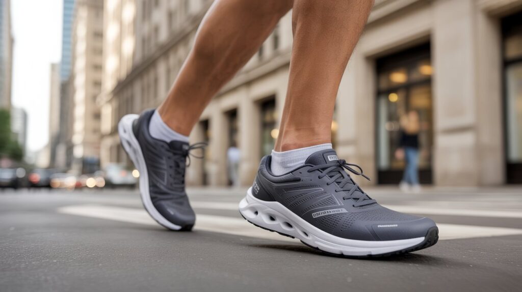 Man walking in supportive arch support walking shoes for men on a city street with cushioned soles and comfortable athletic design