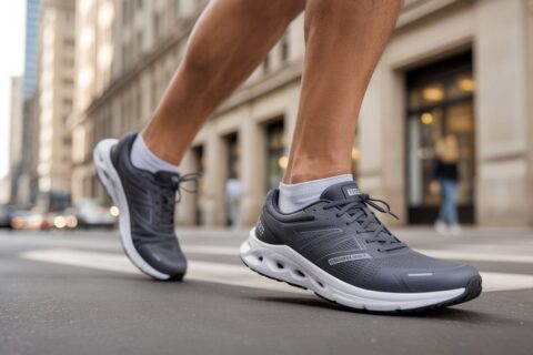 Man walking in supportive arch support walking shoes for men on a city street with cushioned soles and comfortable athletic design