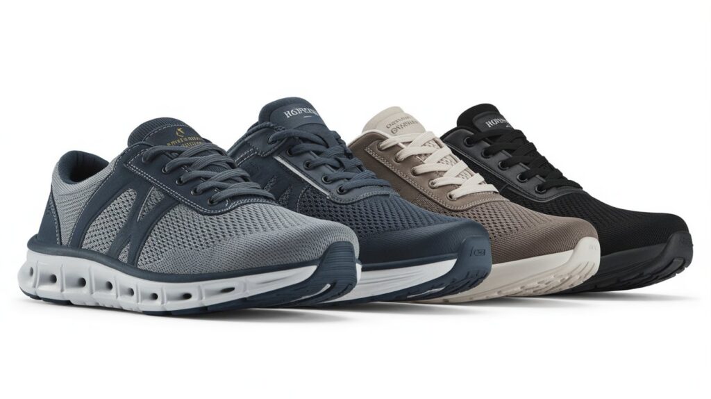 Arch support walking shoes for men in gray, blue, beige, and black colors designed for comfort, cushioning, and all-day walking support.