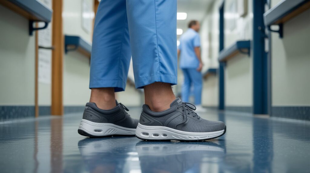 Men’s arch support walking shoes designed for all-day comfort and stability, worn by a healthcare worker standing in a hospital hallway.