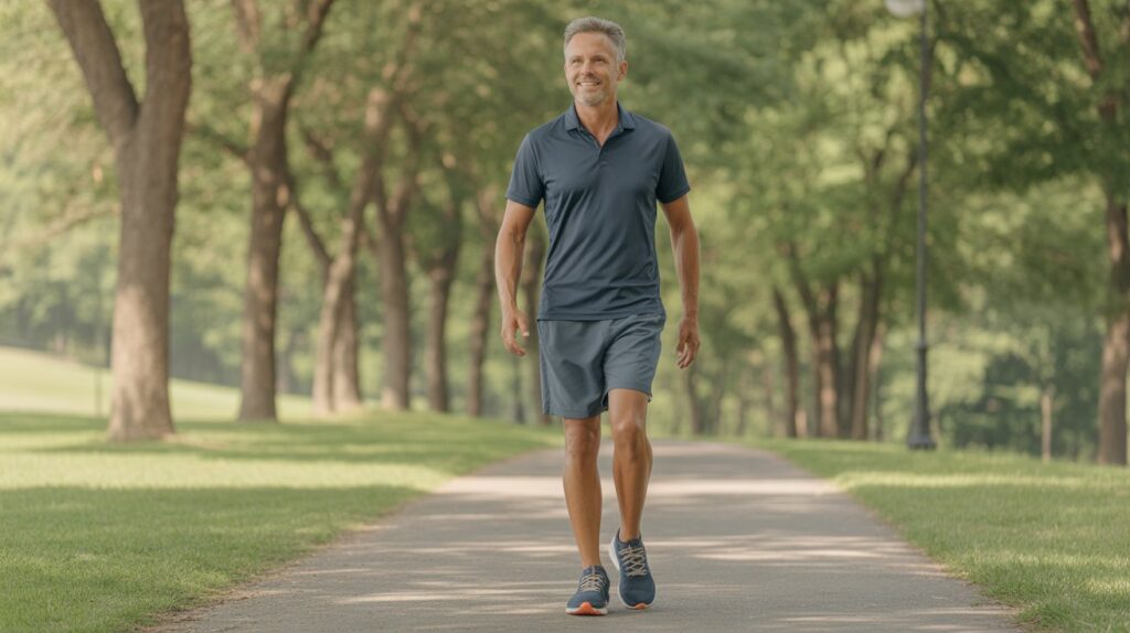 Middle-aged man walking outdoors in a park wearing arch support walking shoes for men designed for comfort, stability, and daily fitness walking.