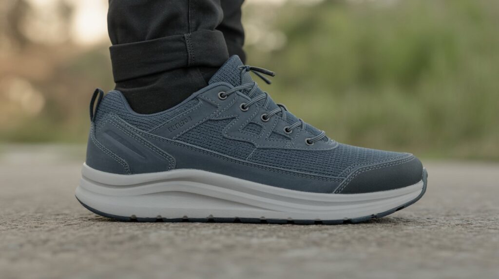 Close-up side view of arch support walking shoes for men with cushioned sole and breathable design for all-day comfort