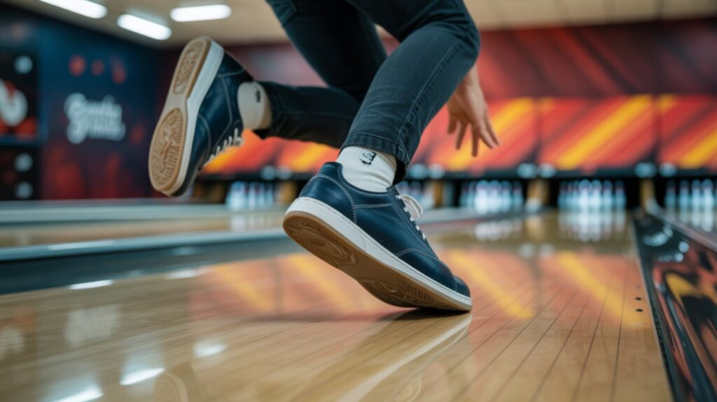 Male bowler sliding on the lane wearing best bowling shoes for men showing smooth motion and grip control