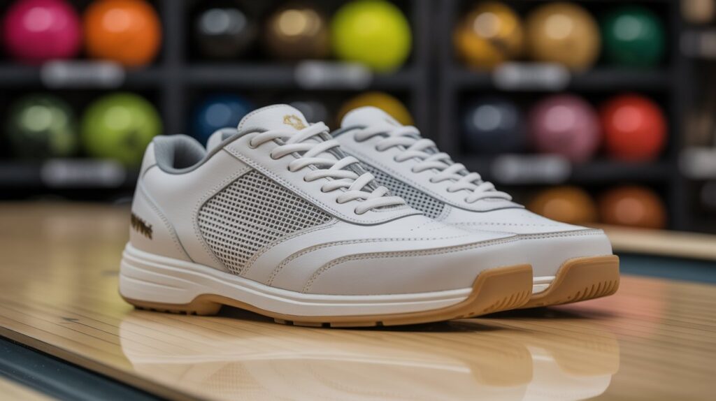 Best bowling shoes for men close-up showing white leather design, breathable mesh panels, and non-slip sole on bowling alley floor