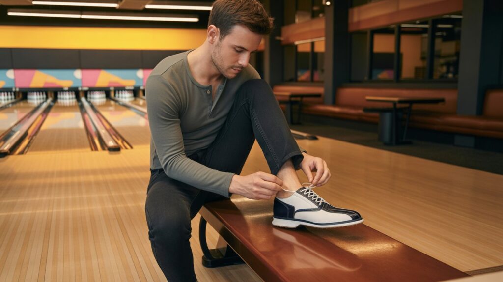 Man trying on the best bowling shoes for men while sitting at a bowling alley, showing comfort, fit, and style before playing
