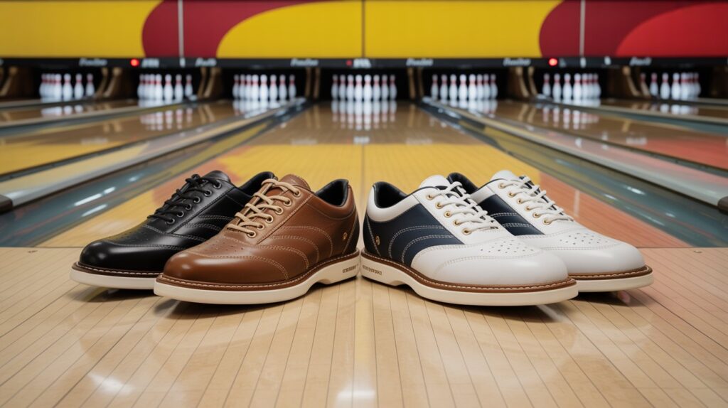 Best bowling shoes for men displayed on a bowling lane showing stylish designs and smooth slide soles