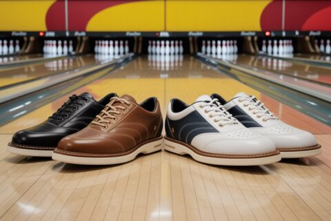 Best bowling shoes for men displayed on a bowling lane showing stylish designs and smooth slide soles