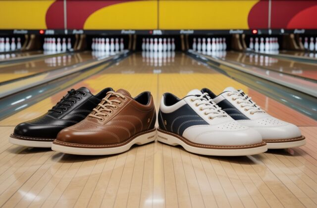 Best bowling shoes for men displayed on a bowling lane showing stylish designs and smooth slide soles