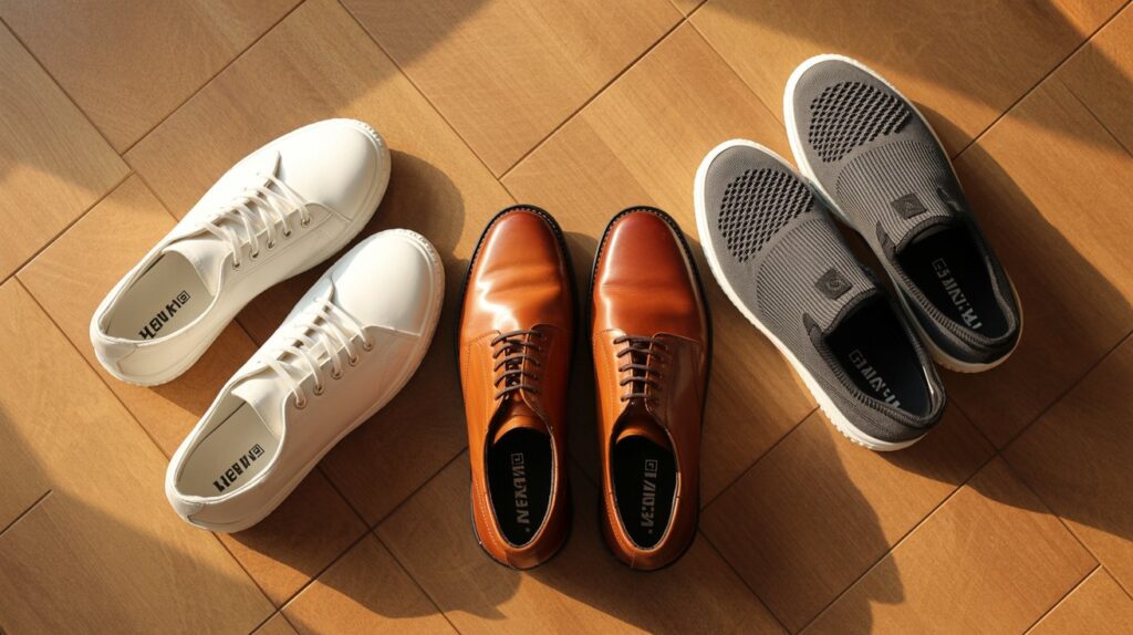 Best casual shoes for men including white sneakers, brown leather oxfords, and breathable slip-on shoes displayed on wooden floor