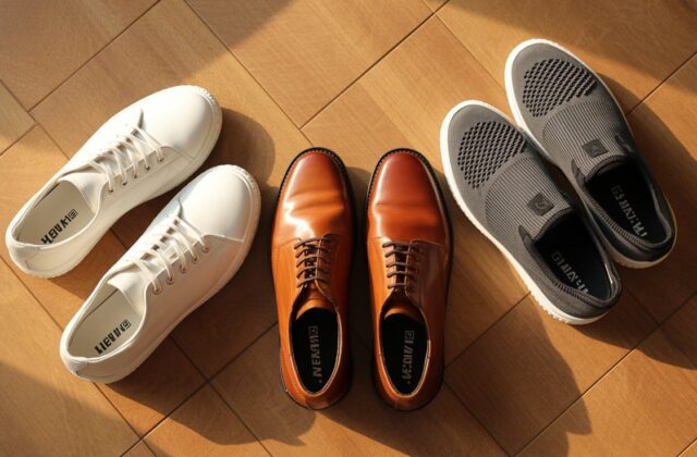 Best casual shoes for men including white sneakers, brown leather oxfords, and breathable slip-on shoes displayed on wooden floor