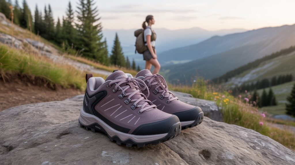 Best hiking shoes for women placed on a mountain trail with a female hiker in the background during sunset.