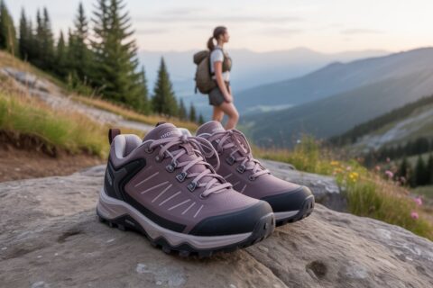 Best hiking shoes for women placed on a mountain trail with a female hiker in the background during sunset.